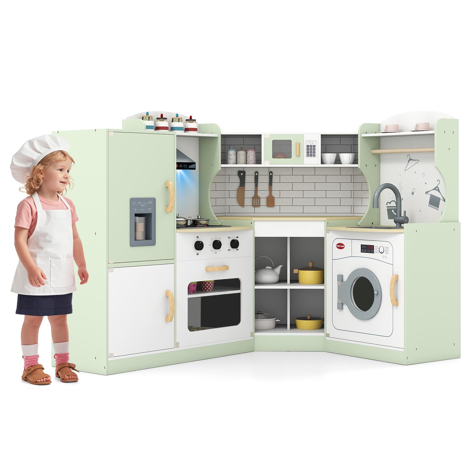 GYMAX Kids Corner Kitchen, Wooden Toy Kitchen with Microwave, Washing Machine, Ice Maker, Cooking Accessories, Realistic Light & Sound, Large Play Kitchen for 3 Years Old + (Green)