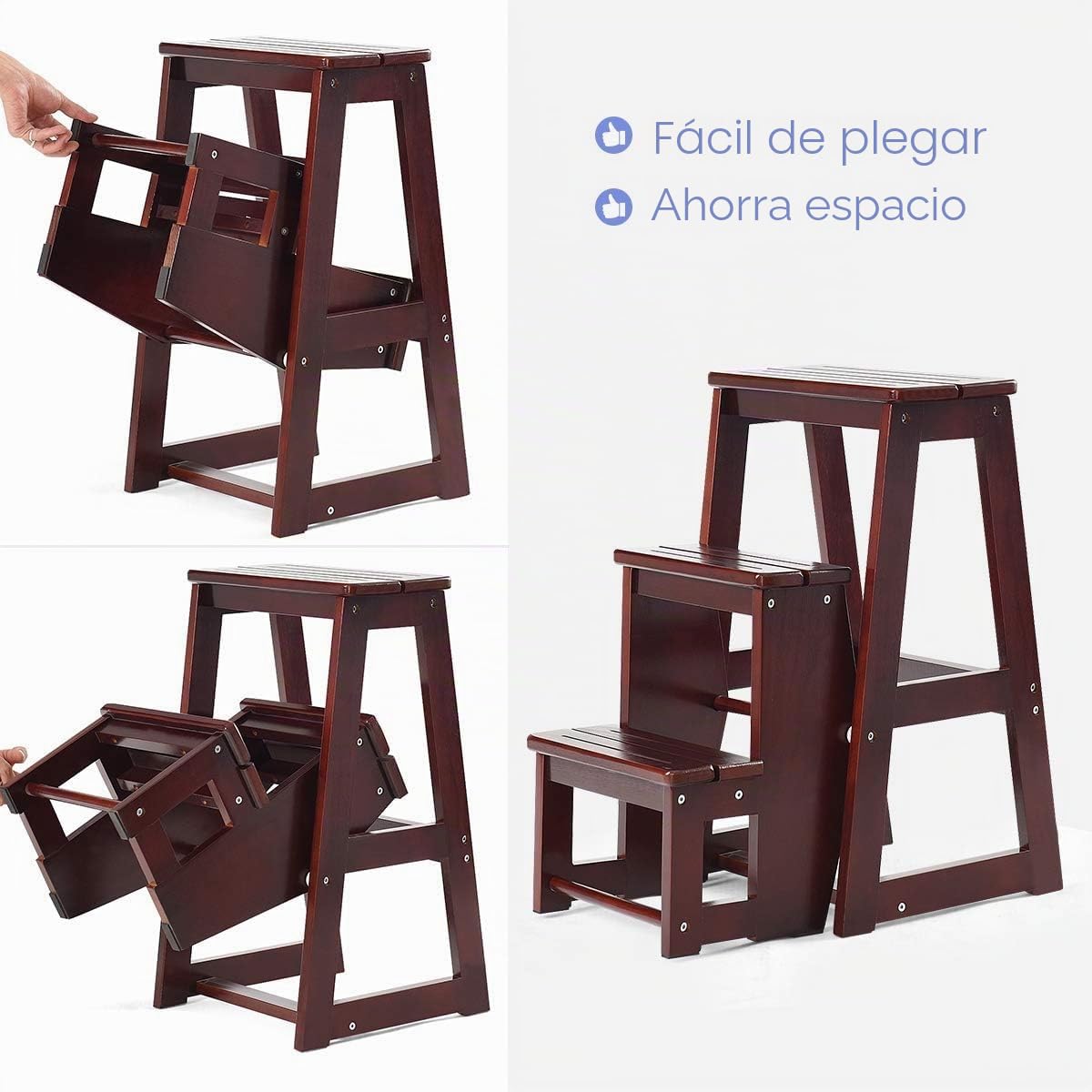 GOPLUS Escalera Taburete Plegable de Madera de Pino de 3 peldaños