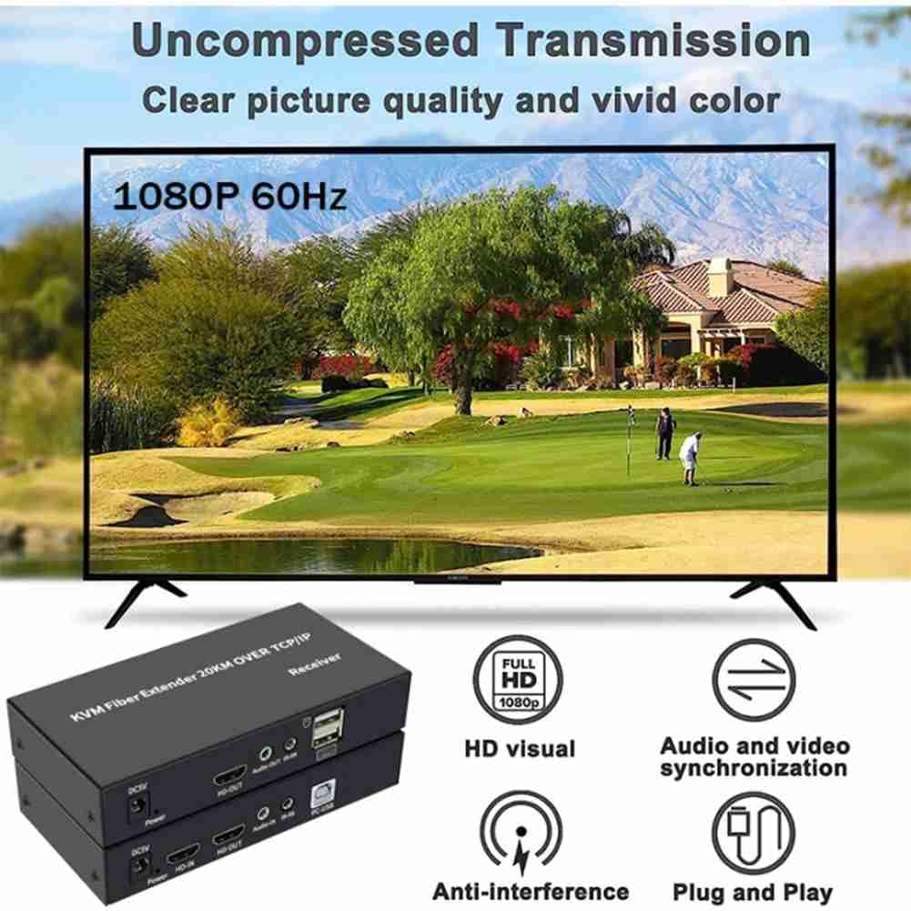 Extension KVM Fibre Optique -Compatible IP 20 Km sur Câble Fibre Unique SC 1080P avec Transceiver Optique USB KVM, Facile à Utiliser, Prise EU