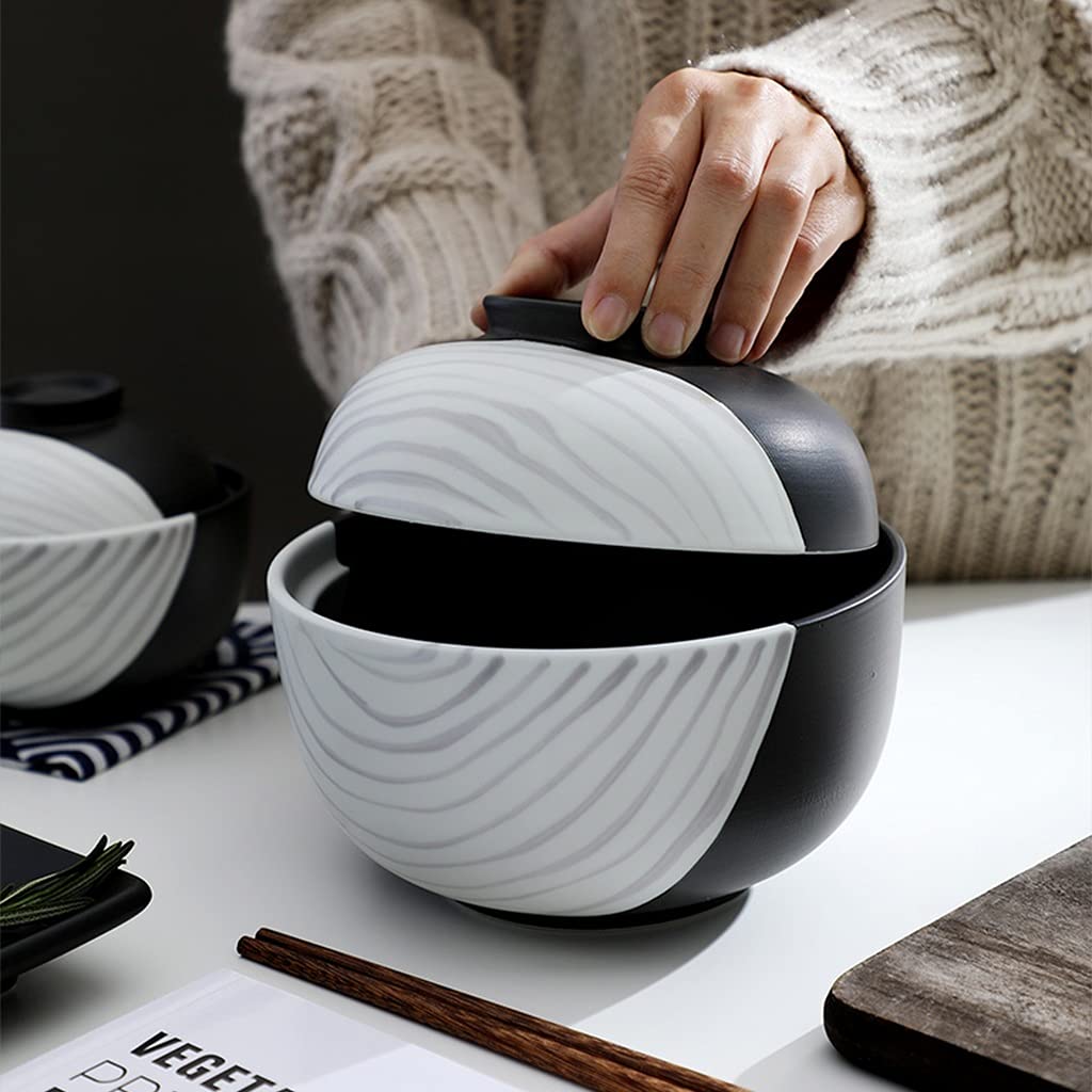 Cuenco De Cerámica con Tapa Cuenco De Ramen Estilo Japonés 4.5 Pulgadas, Cuenco De Sopa De 6.5 Pulgadas (Color : Black+White, Size : 11.5 * 10cm)