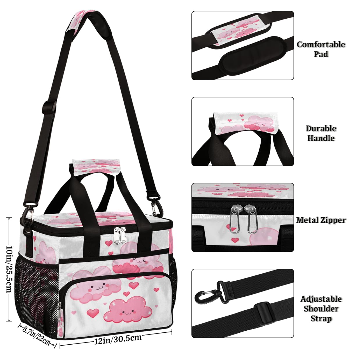 Cloud Insulated Picnic Backpack Lunch Box for Women Men Picnic Basket Tote Lunch Bag Picnic Bag Portable Lunch Bags for Picnic, Beach, Work, Trip,Office, Camp Cute Pinks Clouds