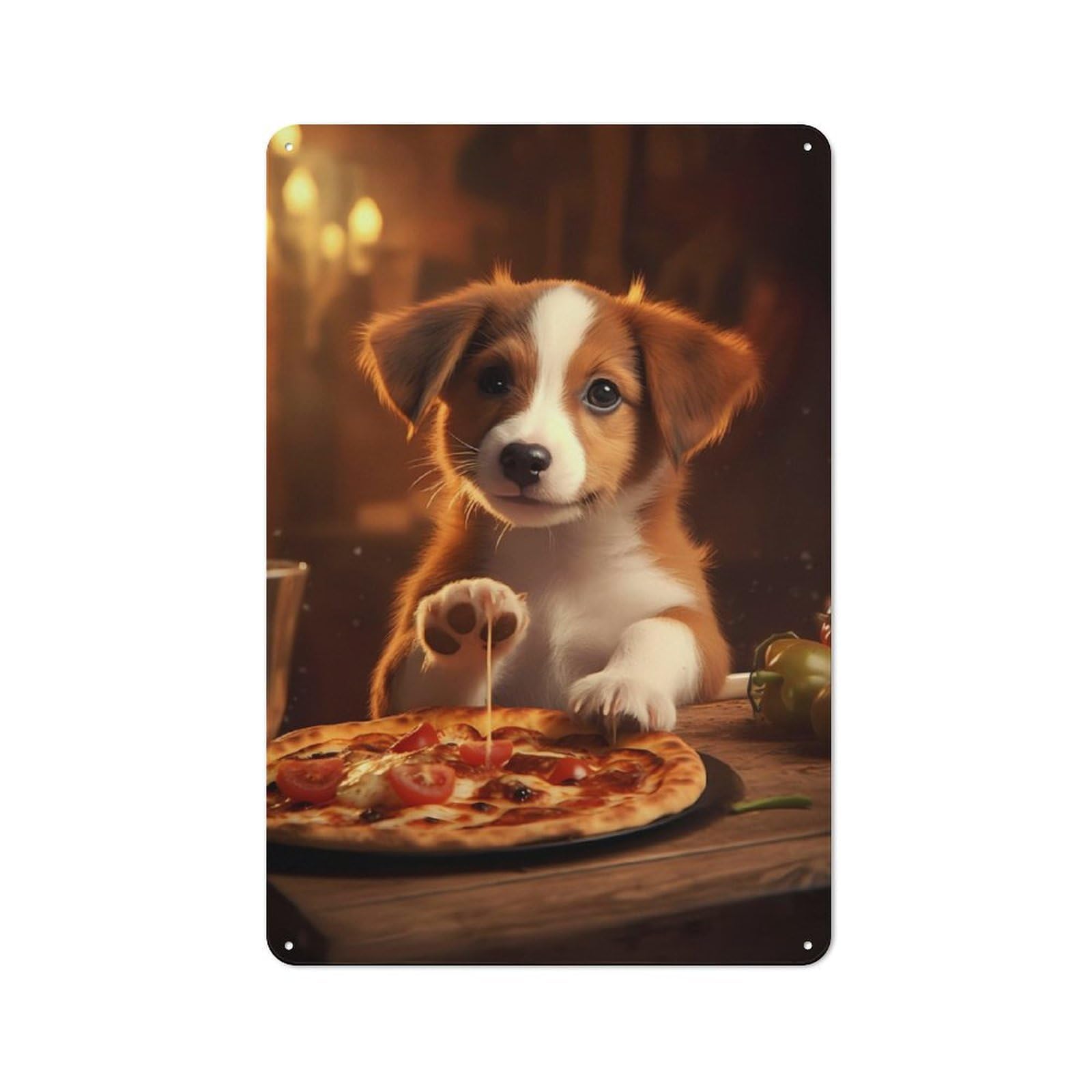 Junmoney Cute Dog Puppy Pizza Food Retro Metal Wall Sign 30X20cm With For Bar Or Restaurant, A Housewarming Gift For Hospitality Decor Collectors
