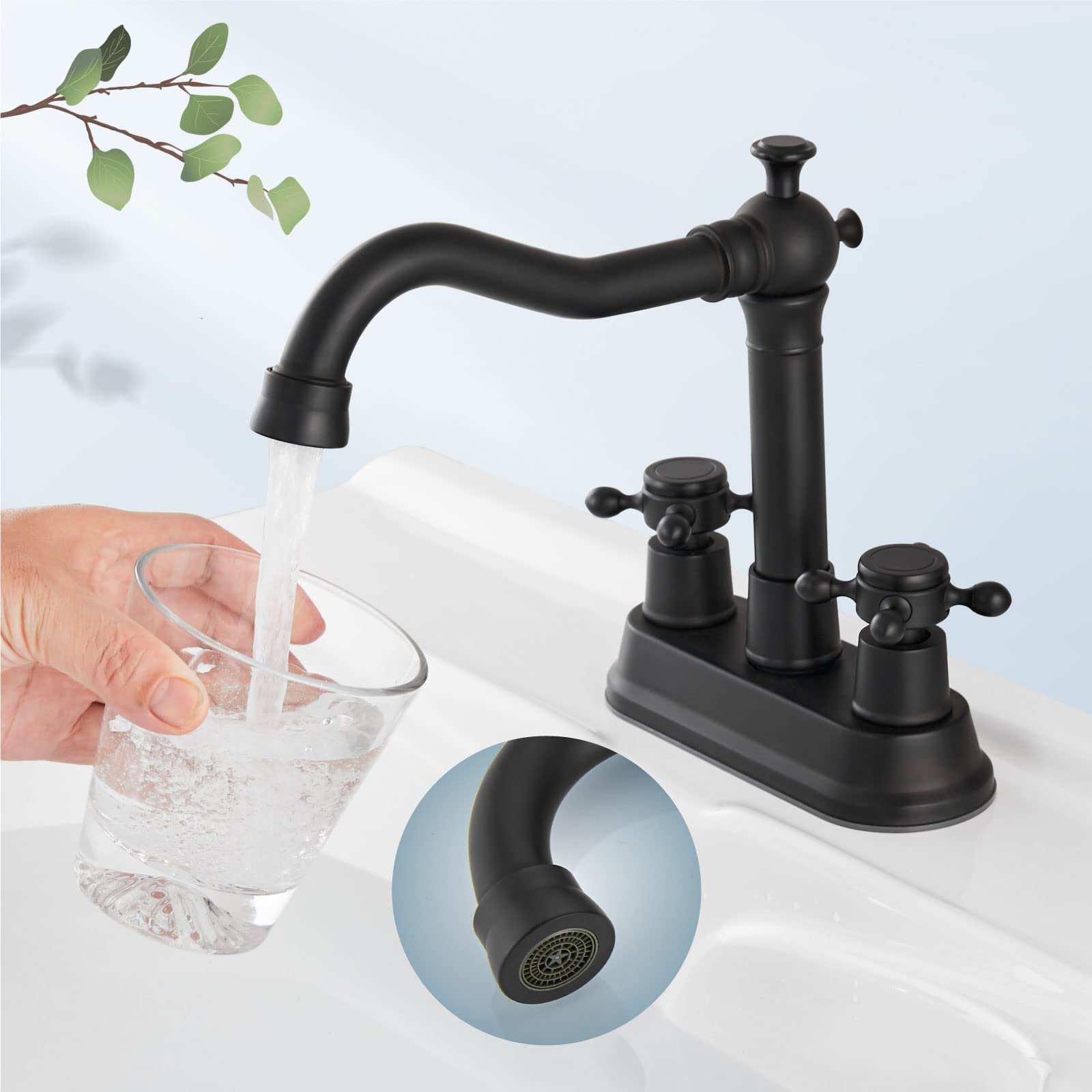 Aolemi Grifo De Lavabo De Baño De 4 Pulgadas, Doble Asa, Dos Agujeros, Estilo Vintage, Para Lavabo, Lavabo, Lavabo, Con Drenaje Emergente, Montaje En Cubierta, Caño Giratorio De Cuello Largo, Latón