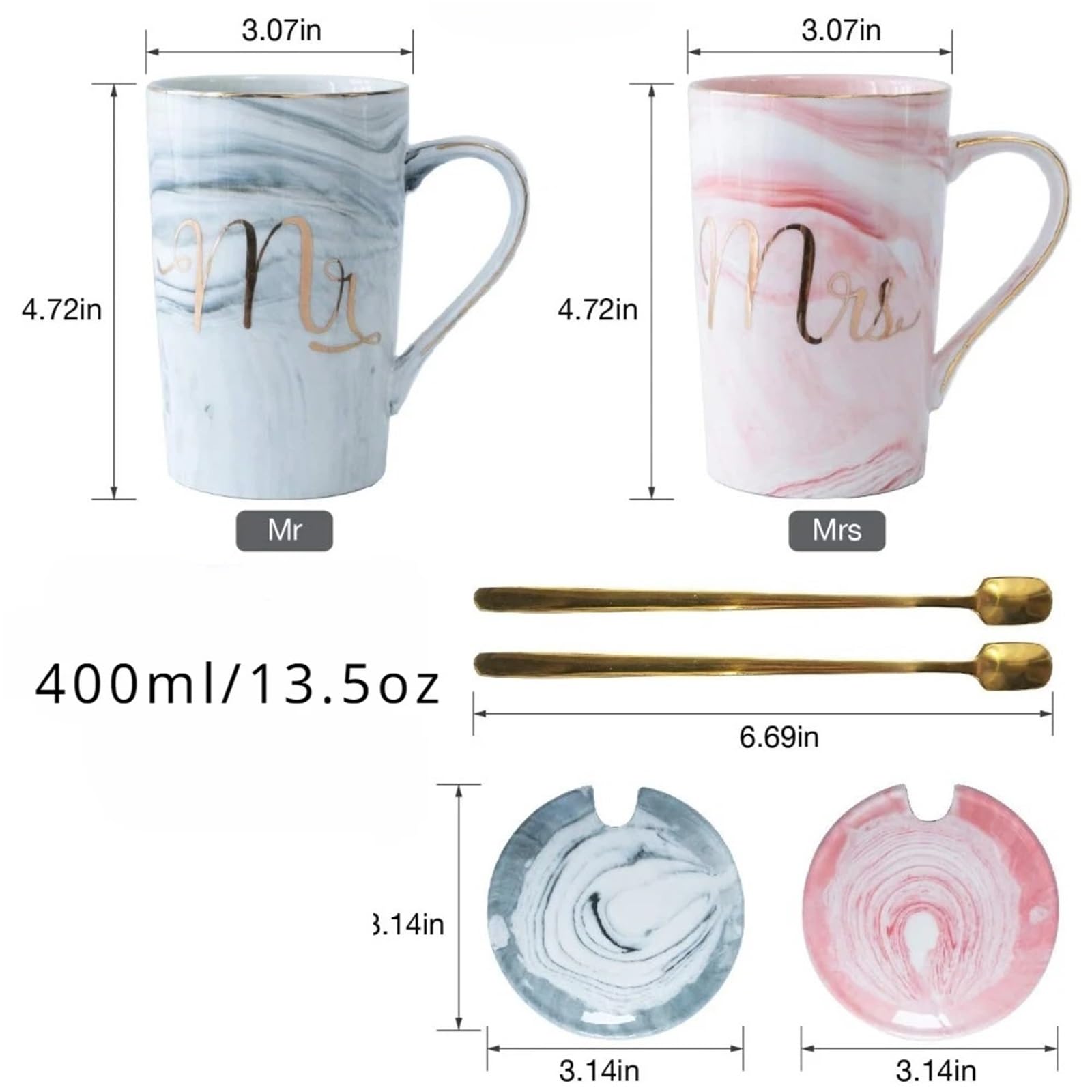 Taza de cerámica de mármol de 13,5 oz, juego de tazas de café Mr And Mrs for novia y novio, compromiso de aniversario de boda Para Boda(Pink Grey01)
