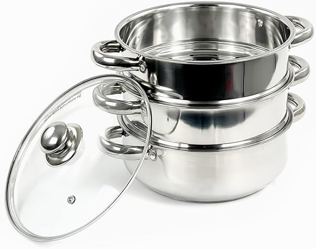 3Tier 22cm Induction Hob Steamer Multi Veg Cooker Stainless Steel Pot Pan Set with Lid