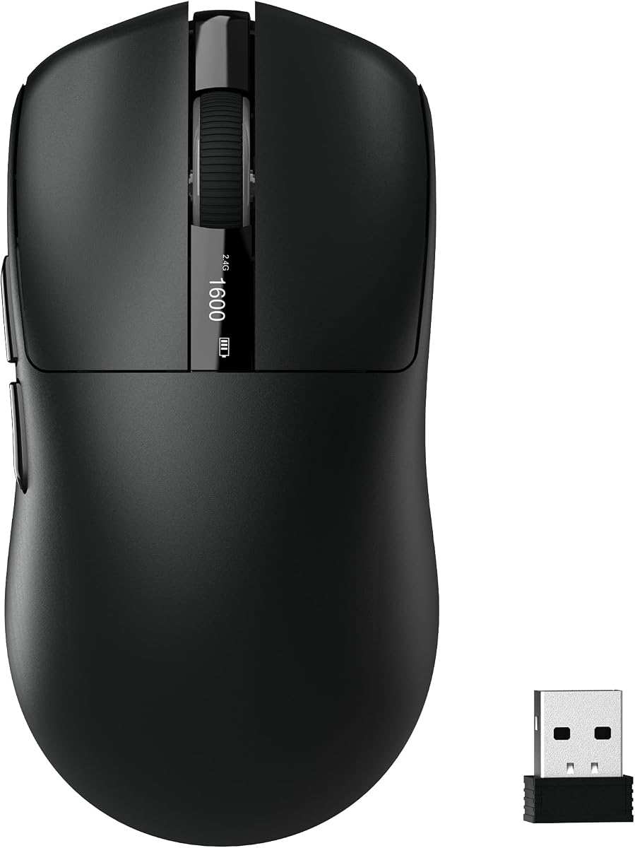 Keymatic G58 Ratón Inalámbrico para Juegos, 24000 DPI, Ligero, Ratón Inalámbrico Recargable Tri-Modo con 4 Botones Programables, Pantalla LCD, Doble Batería Recargable Compatible con PC, Mac-Negro