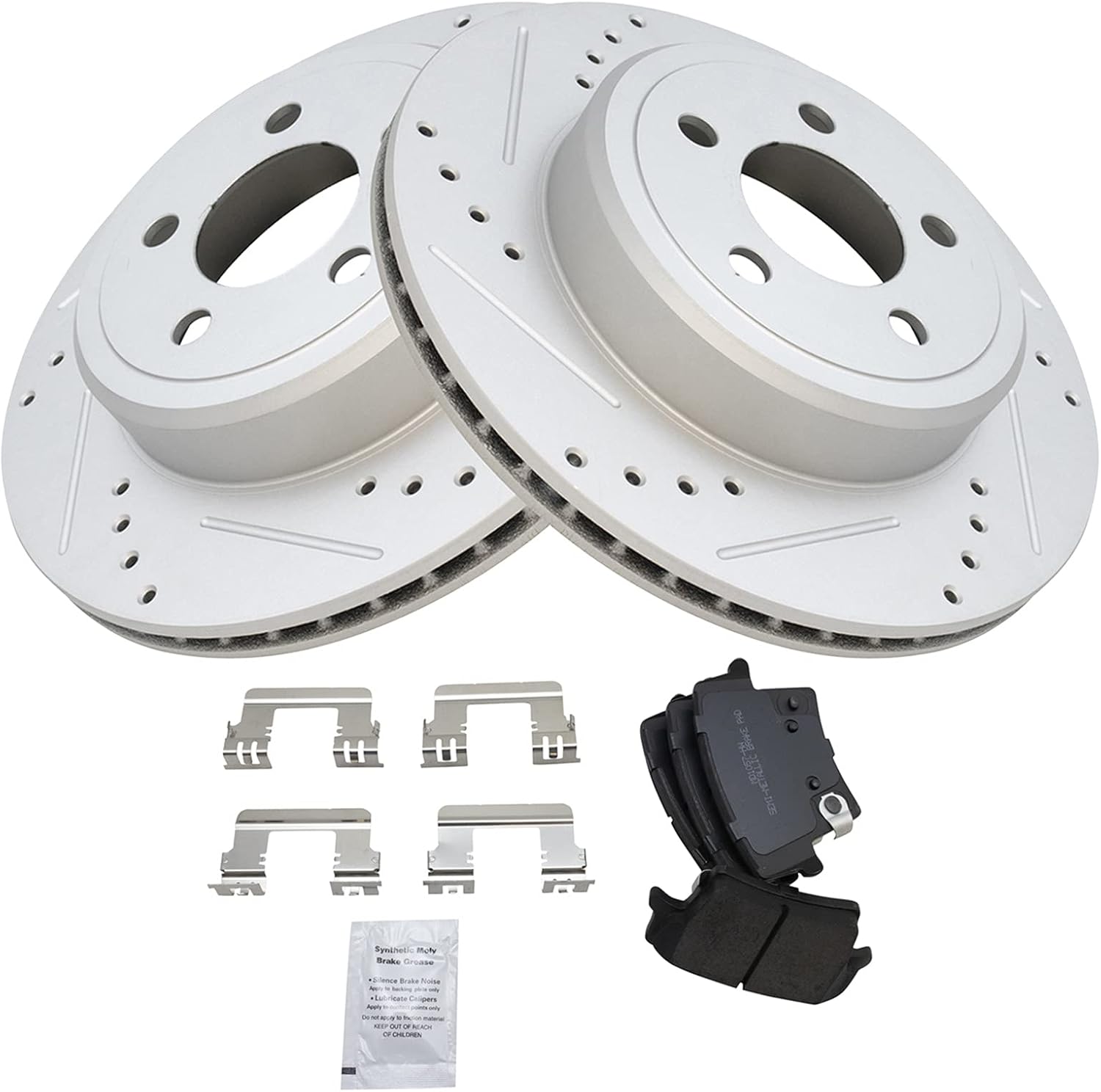 TRQ Rear Brake Pad and Rotor Set Semi Metallic Coated Drilled Slotted Rotors Compatible with 2005-2021 Chrysler 300 2006-2021 Dodge Charger 2009-2021 Challenger 2005-2008 Magnum