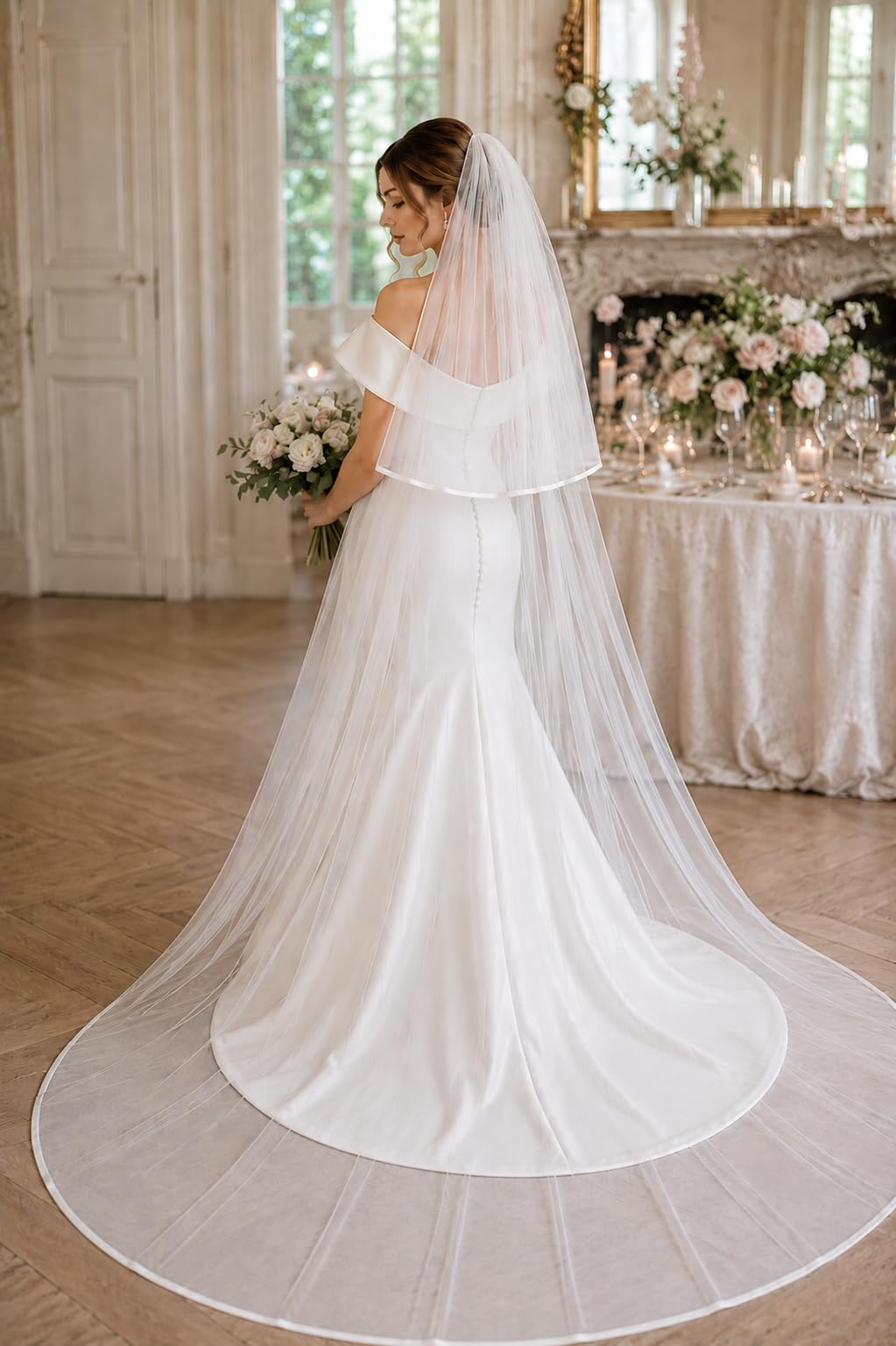 Satinband Brautschleier Hochzeitsschleier Satinschleier Domschleier Kathedrale Kapelle weißer Elfenbein Tüllschleier eleganter klassischer Schleier Cathedral bridal veil satin