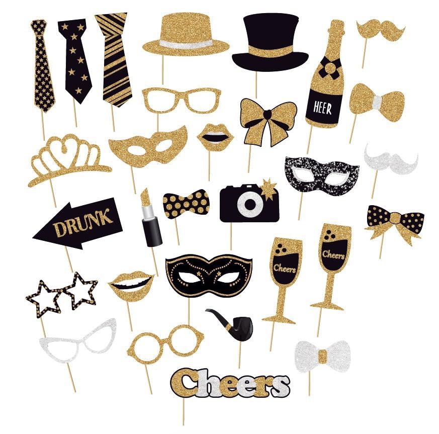 30 Pieces Black Golden Photo Booth Props for Birthday Wedding New Year Party,Mix of Hats, Mask, Lipstick, Tie, Crowns and More Funny Selfie Props