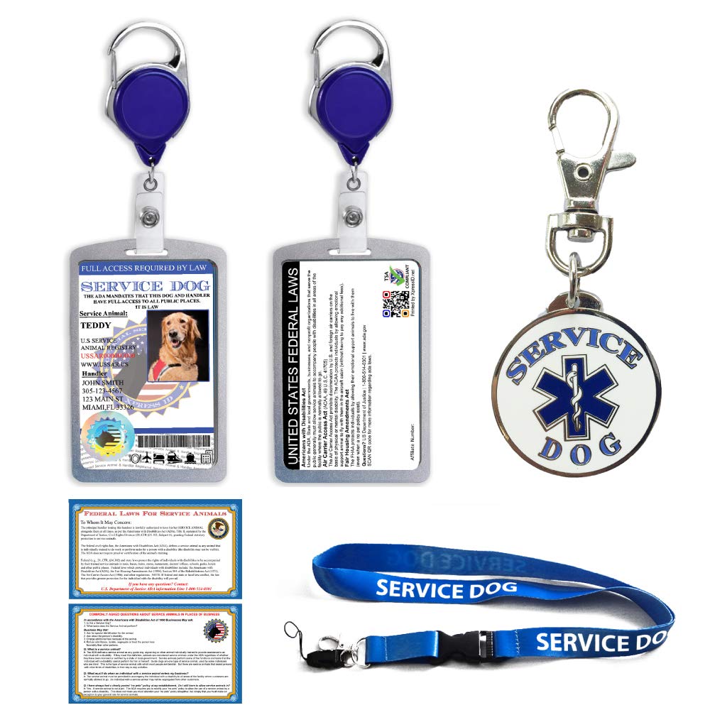 XpressID Service Dog ID Plus Aluminum Badge Holder, Reel, Lanyard & Key Chains - Includes Registration to National Dog Registry - QR Code Ready