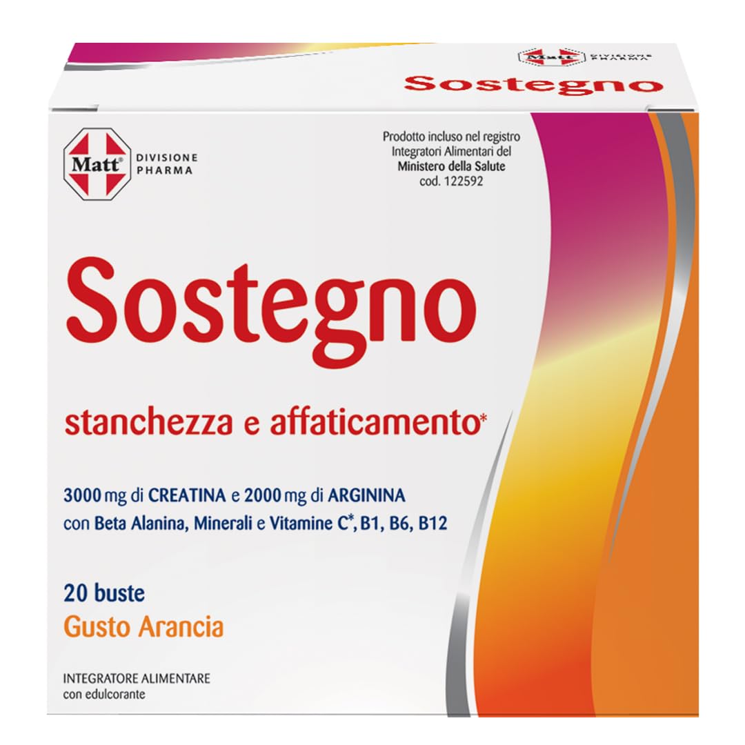 Matt, Sostegno, Integratore Alimentare a Base di Arginina e Creatina, Utile per Ridurre la Stanchezza, Contribuisce alla Normale Funzione del Sistema Immunitario, Confezione da 20 Buste, 160g