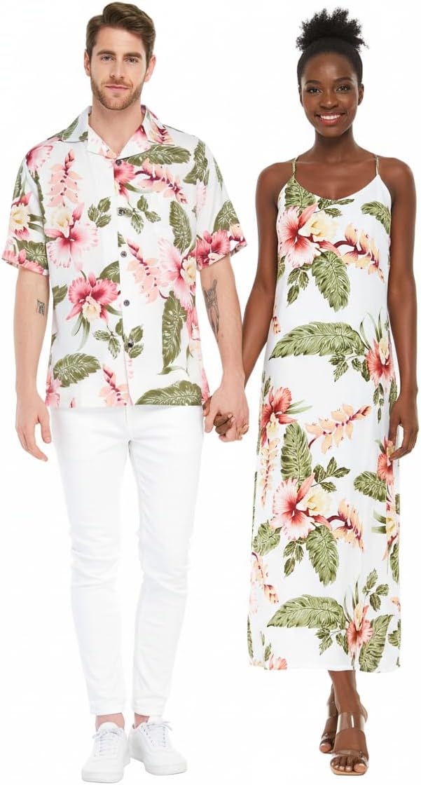 Matchable Couple Hawaiian Luau Shirt Matching Sweetheartor Sweetheart Maxi Dress in Cream Rafelsia