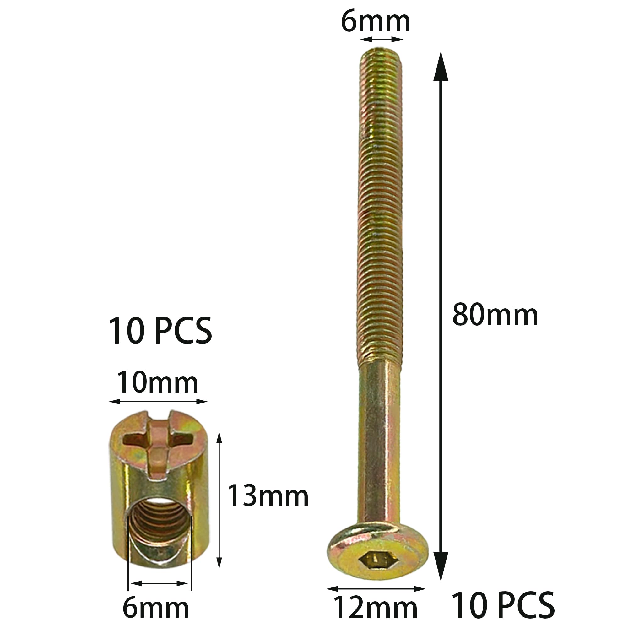 10-Set M6 Furniture Bolt and Nut Kit, Hex Socket Bed Bolts, Screws, and Nuts (80mm), colored zinc plating - Image 2