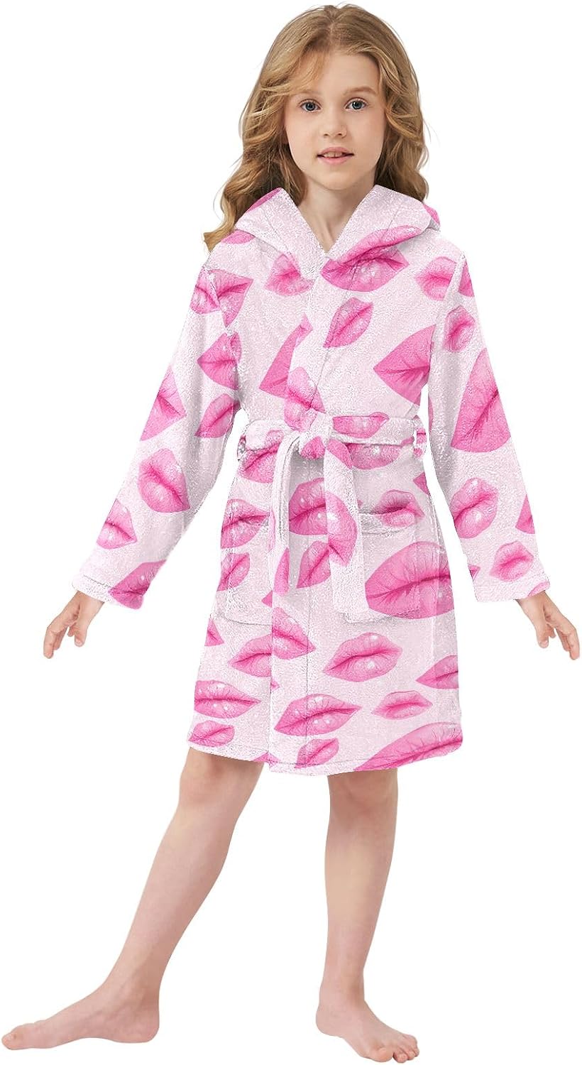 Pink Lips Toddler Hooded Bathrobe for Boys Girls Soft Plush Bath Towel Robe 2-12 Years