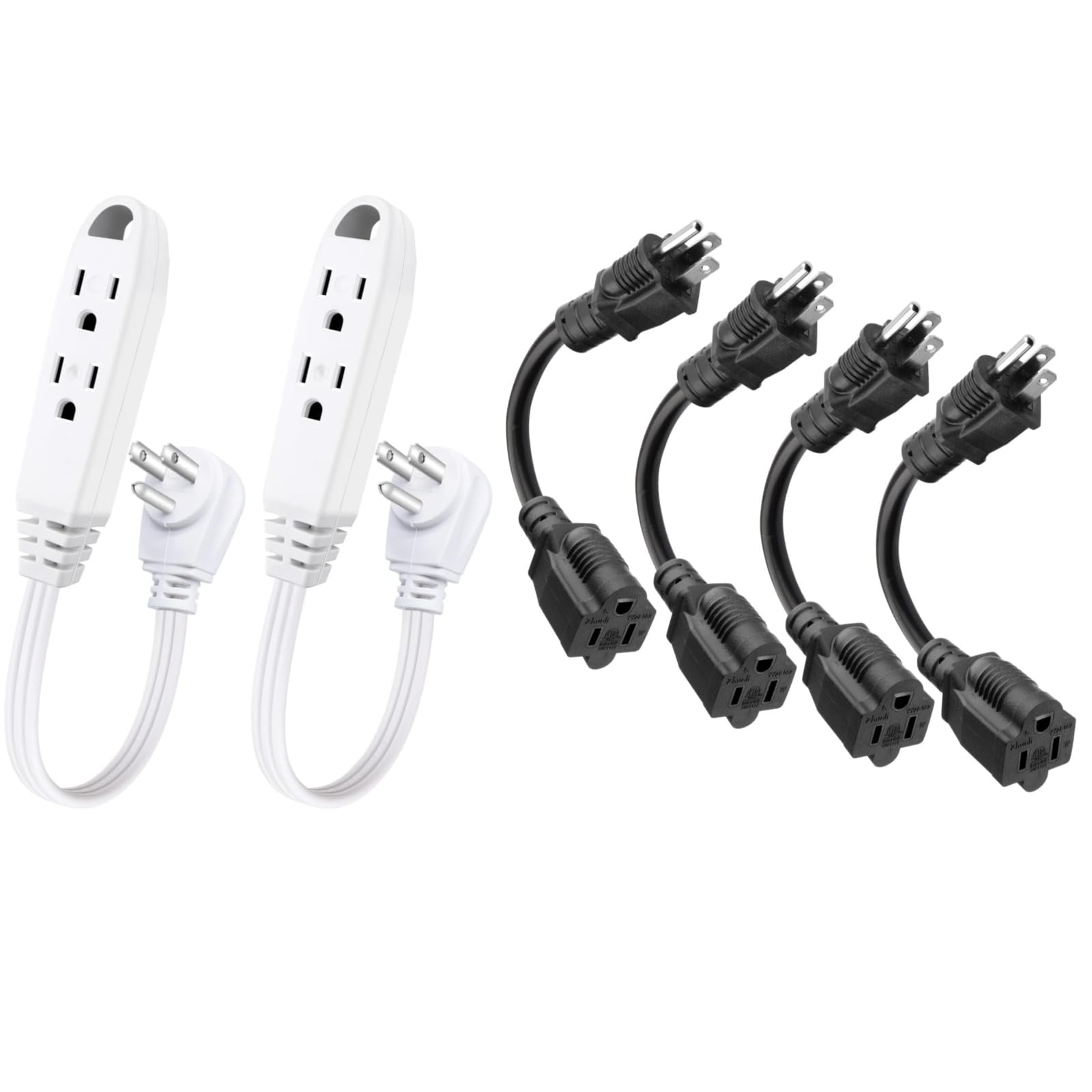 K KASONIC - 1 Feet 3 Outlet Extension Cord 2 Pack + 8 inch Short Power Extension Cord Outlet Saver 4 Pack, Black