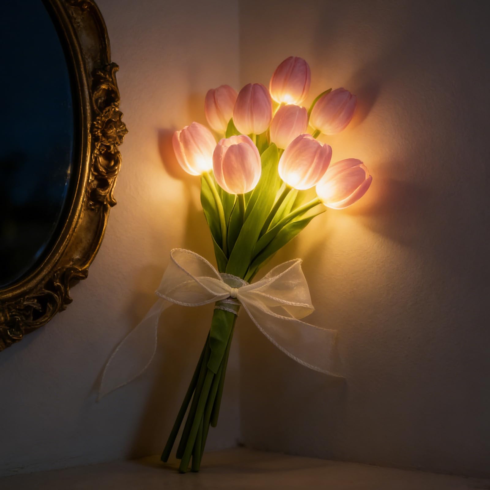 Richaa 10 Pink Artificial Tulip Flowers Bouquet Lights Battery Powered (Not Included), Real Touch Flowers Fake Tulips Bouquet for Home Party Anniversary Wedding Holidays Valentine's Day Decoration