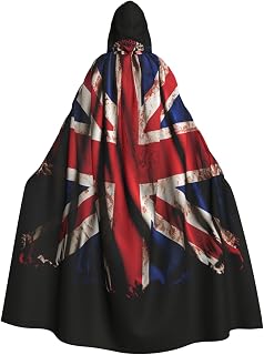 Unisex Full Length Halloween Hooded Cloak British Flag on Black Background Hooded Robe Witch Cape for Halloween Cosplay Costume