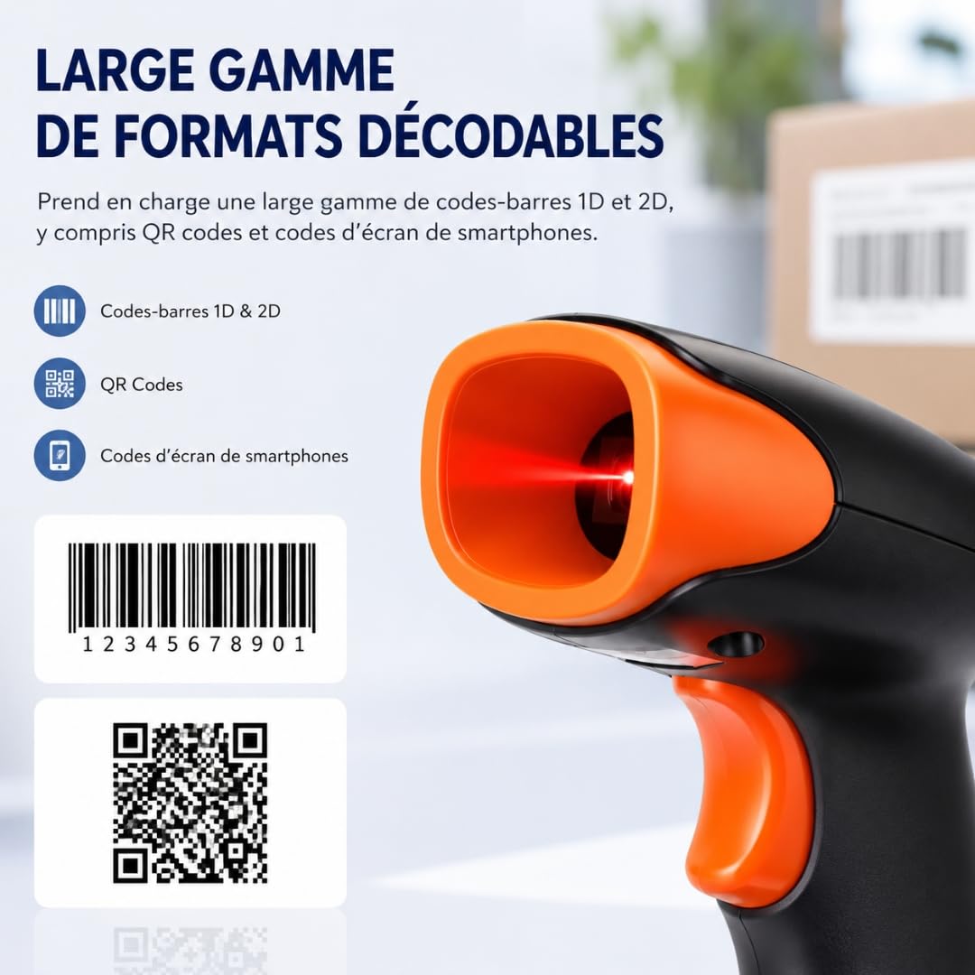 Lecteur Code Barre USB 1D 2D QR, Scanner IP54 Antichoc Compatible Windows Mac Linux