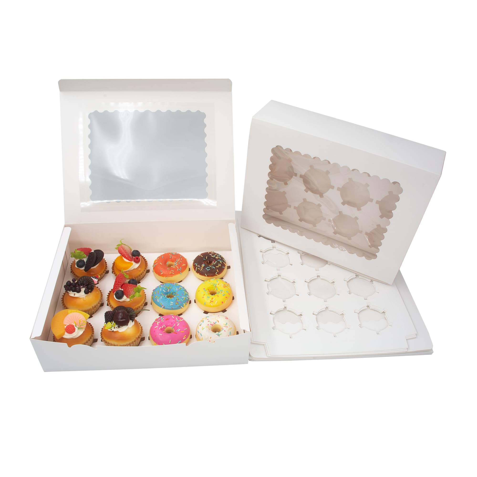 Bakexcel White Cupcake Boxes, Premium Sturdy Cupcake Carriers with Inserts and Clear Window Perfect for Cupcake Package and Presentation(Holds 12,