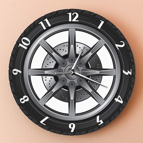 Miniatura 3 de The Geeky Days Reloj de pared con estampado de cuarzo silencioso para automóvil, dueño de garaje, rueda de neumáticos, reloj de pared impreso de