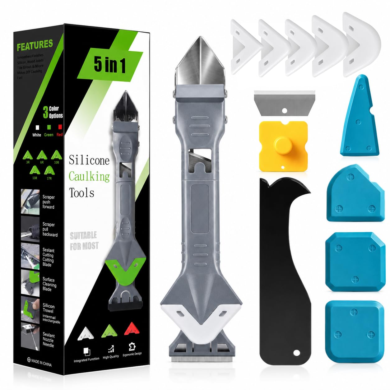 5-in-1 White Caulking Tool, Stainless Head, Silicone Remover & Finisher