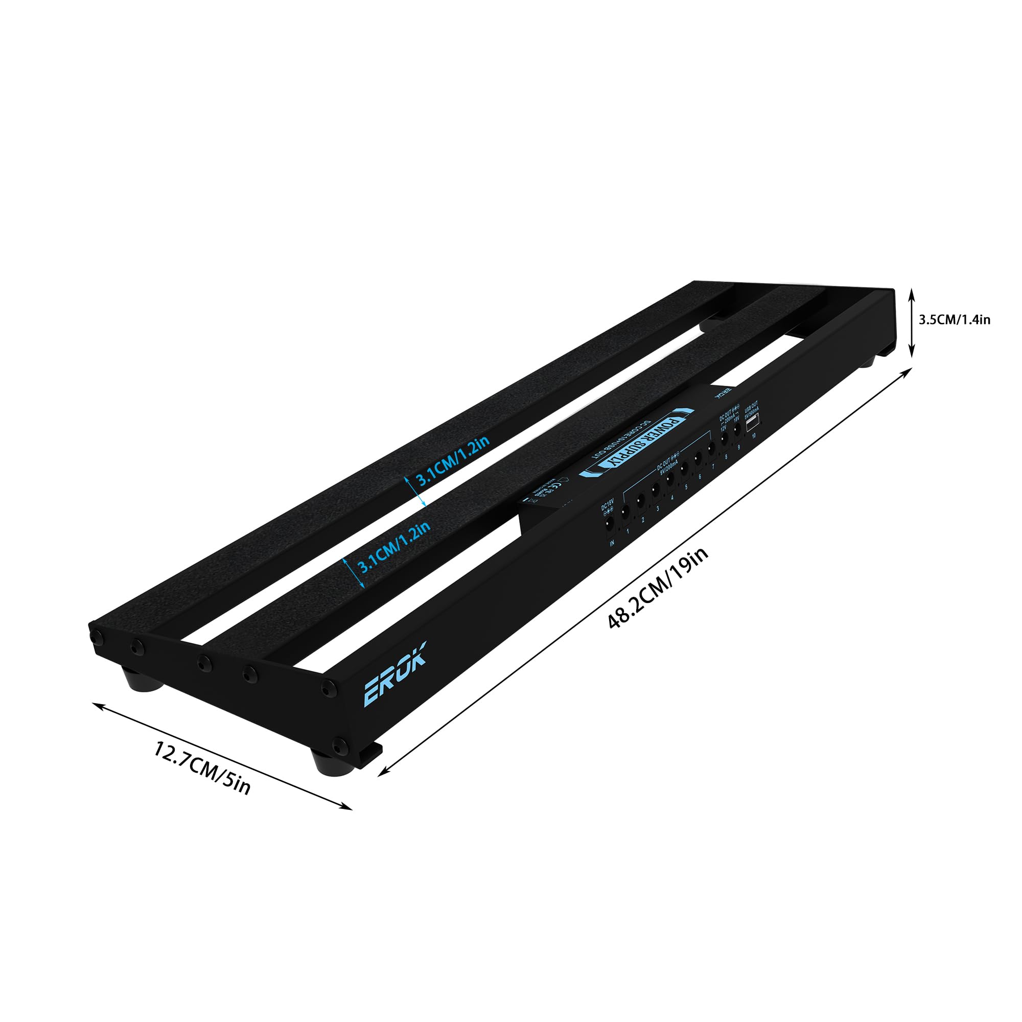 EROK Gitarren-Pedalboard, Pedalboard mit integriertem Netzteil, 48,3 x 13 x 4,6 cm, 0,9 kg, Aluminium-Legierung mit Kabeln, Tasche, selbstklebendes Hakenband für Pedal