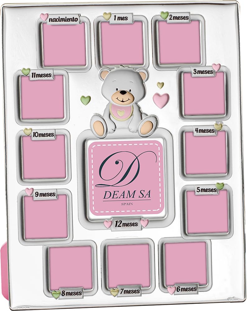 Portafotos de 12 meses Laminado en Plata de Ley 925‰ Infantil con diseño de "Osito", con un tamaño de 23,5x29 cm. Disponible en color Azul y Rosa. (E0519)