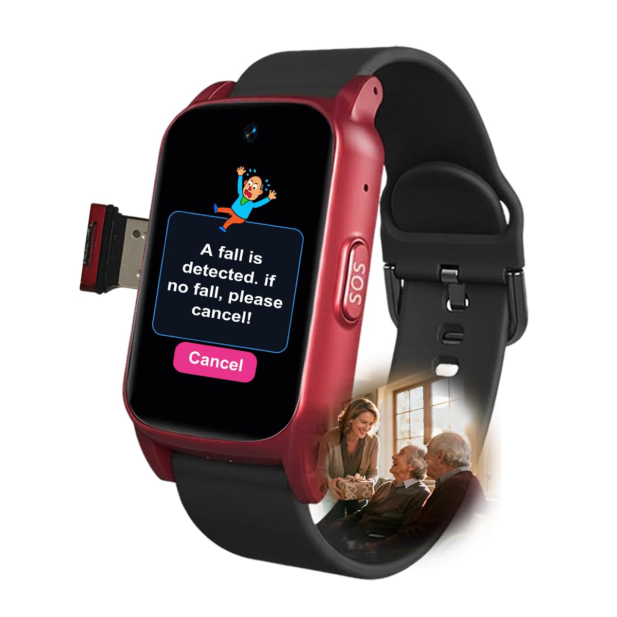 Reloj Localizador Personas Mayores, Detección De Caídas SOS GPS Posicionamiento para Personas Mayores, Reloj Inteligente con Boton Emergencia AncianosRed,1.25 * 0.57 * 2.22inch