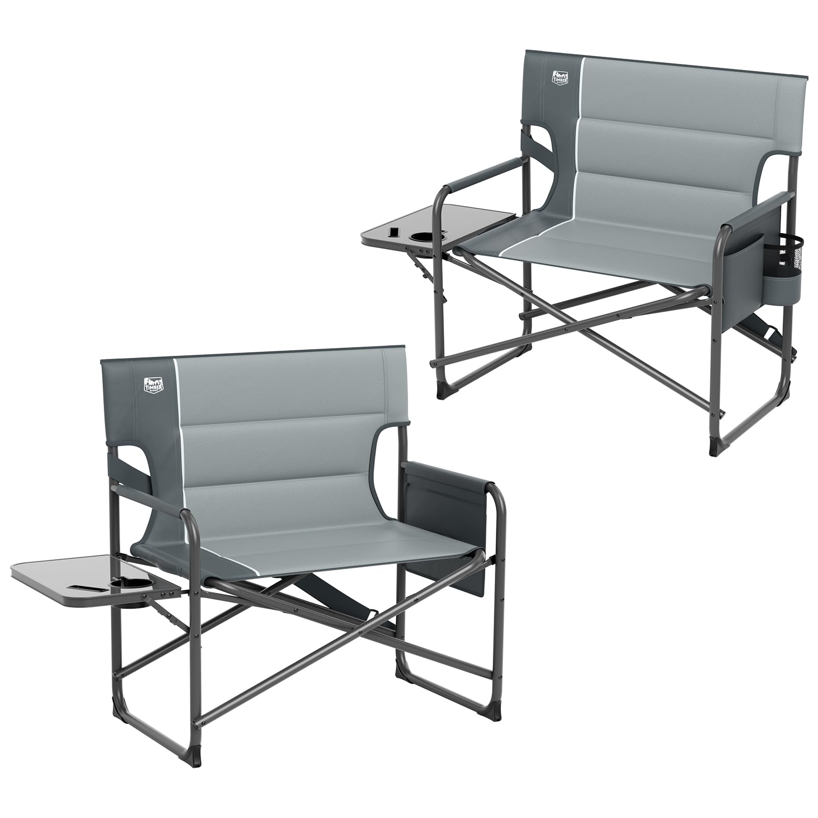TIMBER RIDGE XXL Foldable Directors Chair with Side Table, Extra Wide Camping Chairs for Adults Heavy Duty Supports 500 lbs, Oversized Folding Lawn Chair for Picnic Beach Sports Fishing, Grey-2 Pack