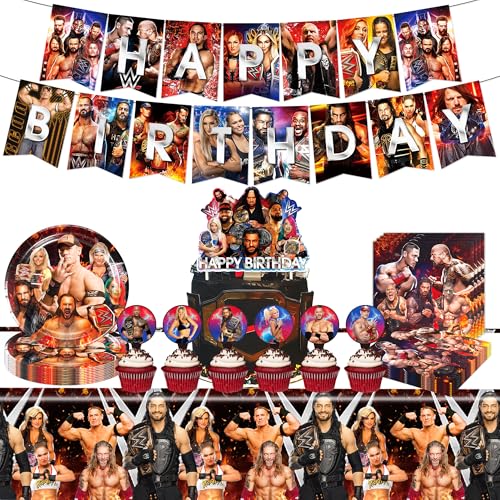 Wrestling Birthday Supplies 55Pcs Wrestling Birthday Party Decorations include Banner Tablecloth cake topperPlates and Napkins for Teens Kids Party Decor