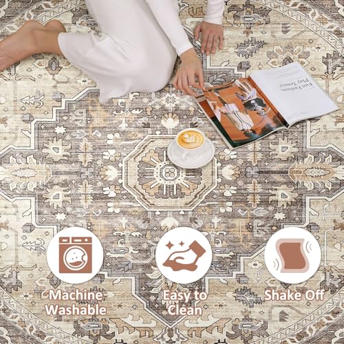 Round Rug Living Room Rugs: 8Ft Washable Boho Neutral Large Circle Soft Indoor Floral Stain Resistant Floor Farmhouse Carpet for Bedroom Nursery Kids Playroom Office Dining Room Dorm Home- Beige Brown