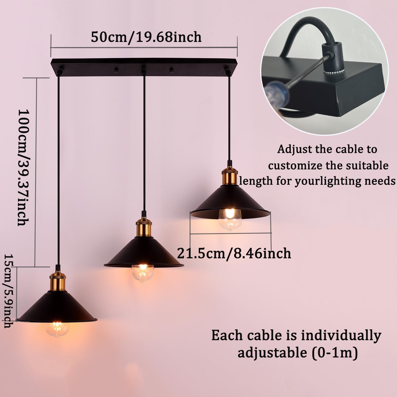 FIRVRE Lampadario Industrial 3 Luci, Nero Lampadario a Sospensione Vintage E27 per Cucina Sala da Pranzo Soggiorno Studio(Base Rettangolare)