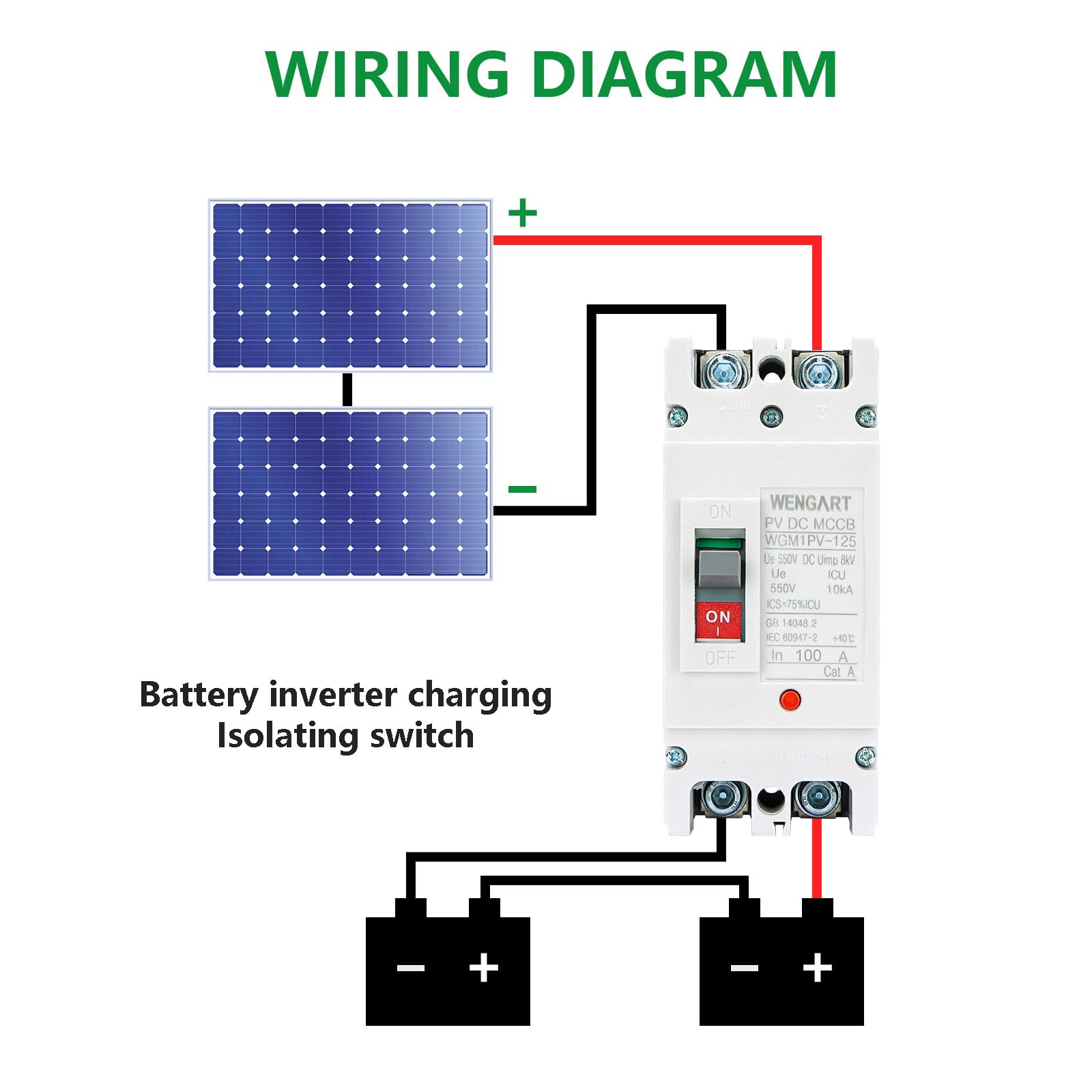 Wengart Interruttore Magnetotermico Scatolato DC 80A 550V, 2 Poli MCCB per Fotovoltaico e Batterie, Polarità Non Polarizzata (Cablaggio Libero), Isolatore Principale per Pannelli Solari e Inverter