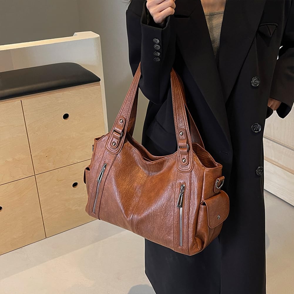 hibear Tote Bag for Women,PU Leather Shoulder Handbag Large Work Totes Multi-Pocket Concealed Carry Hobo Crossbody Bag