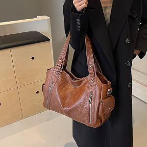 Sac à Main Femme Vintage En Cuir Synthétique - Sac Fourre-tout 39x25x13 Cm - Bandoulière Réglable, Multiple Poches