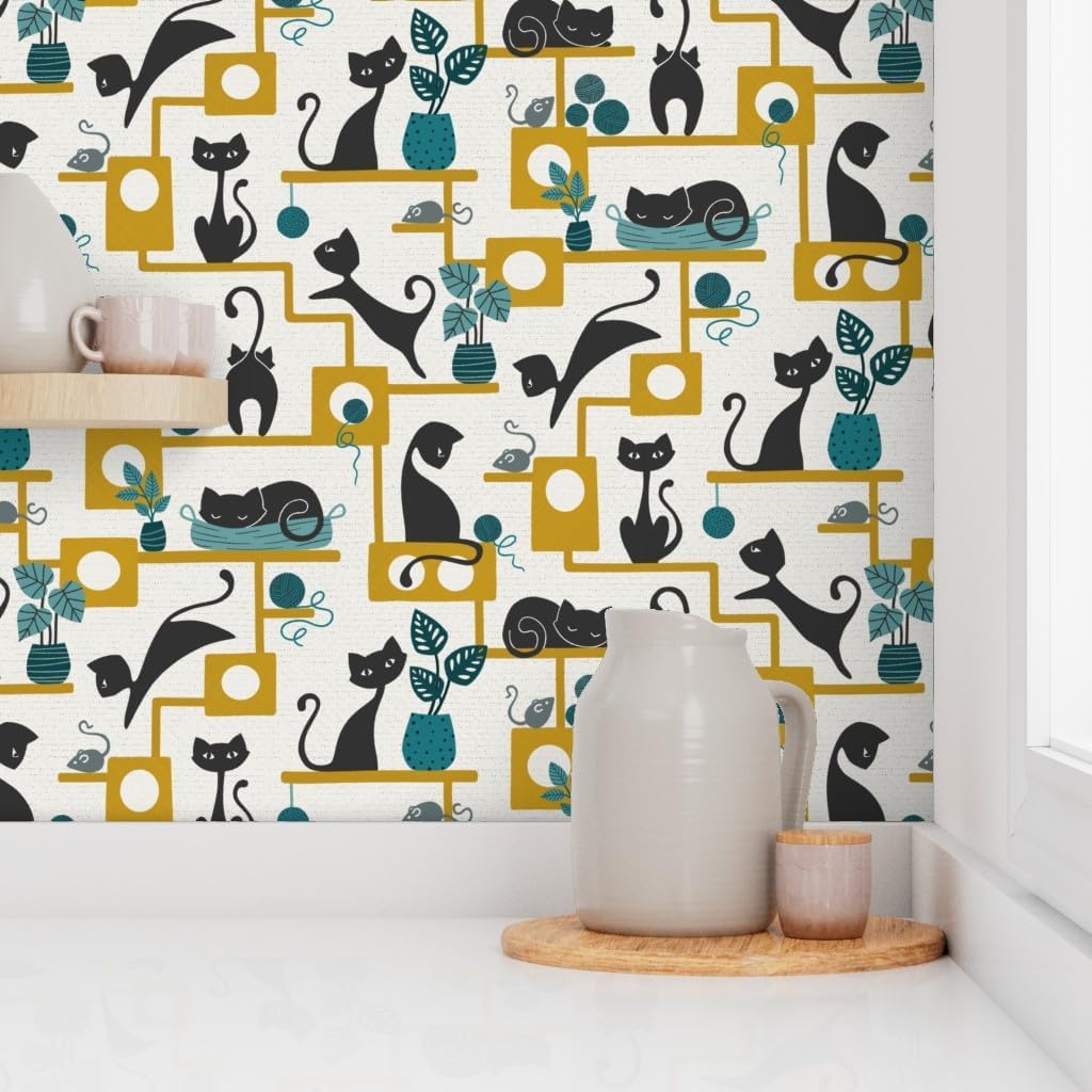 Spoonflower Peel & Stick Wallpaper Swatch - Retro Black Cats Teal Animals Plants Mustard Gold Midcentury Custom Removable Wallpaper