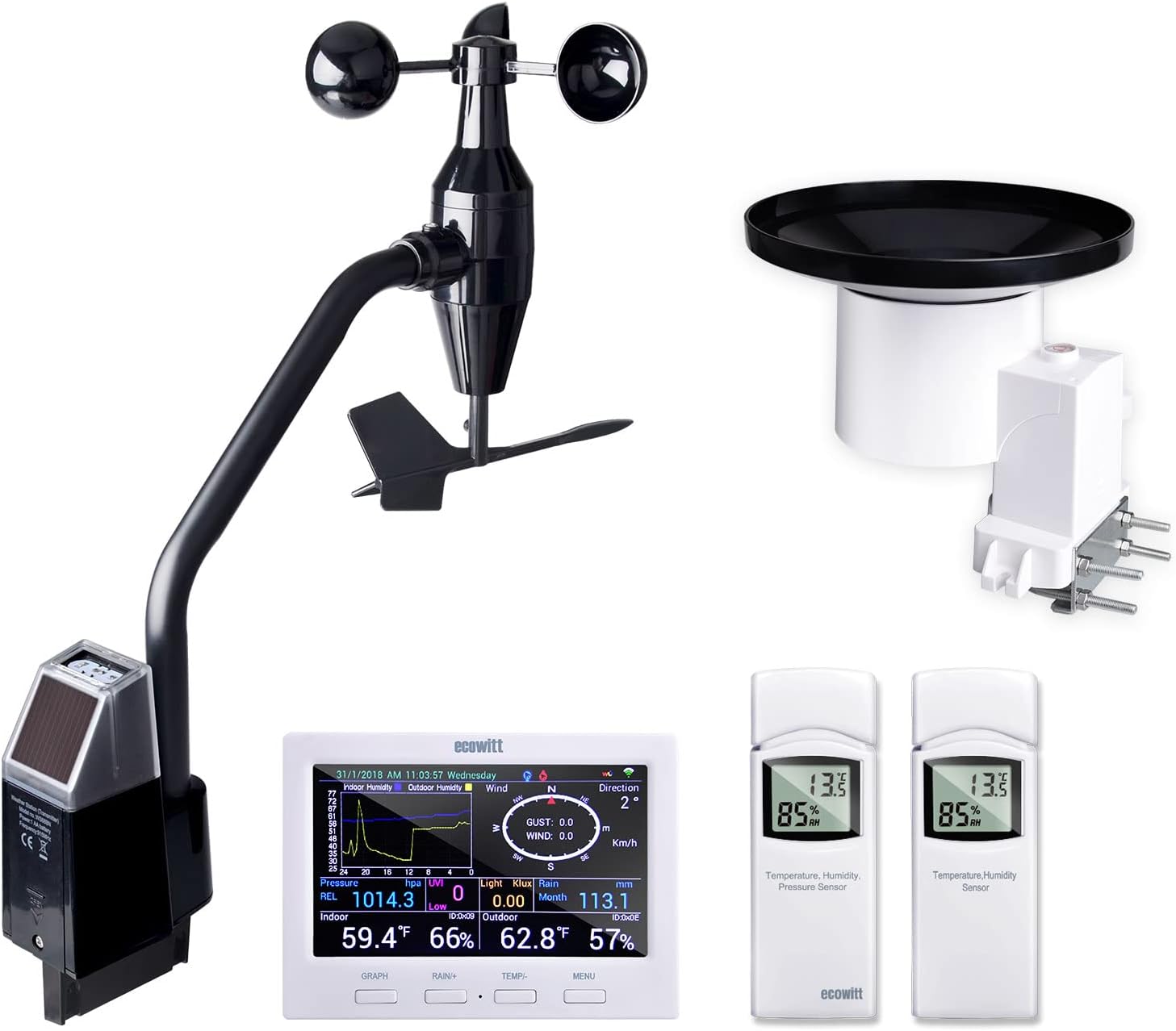 ECOWITT HP3501 TFT Wi-Fi Weather Station with Solar Powered Wireless Anemometer, UV & Light Sensor, Self-Emptying Rain Collector, Color Graph Display, Weather APP and PC Software