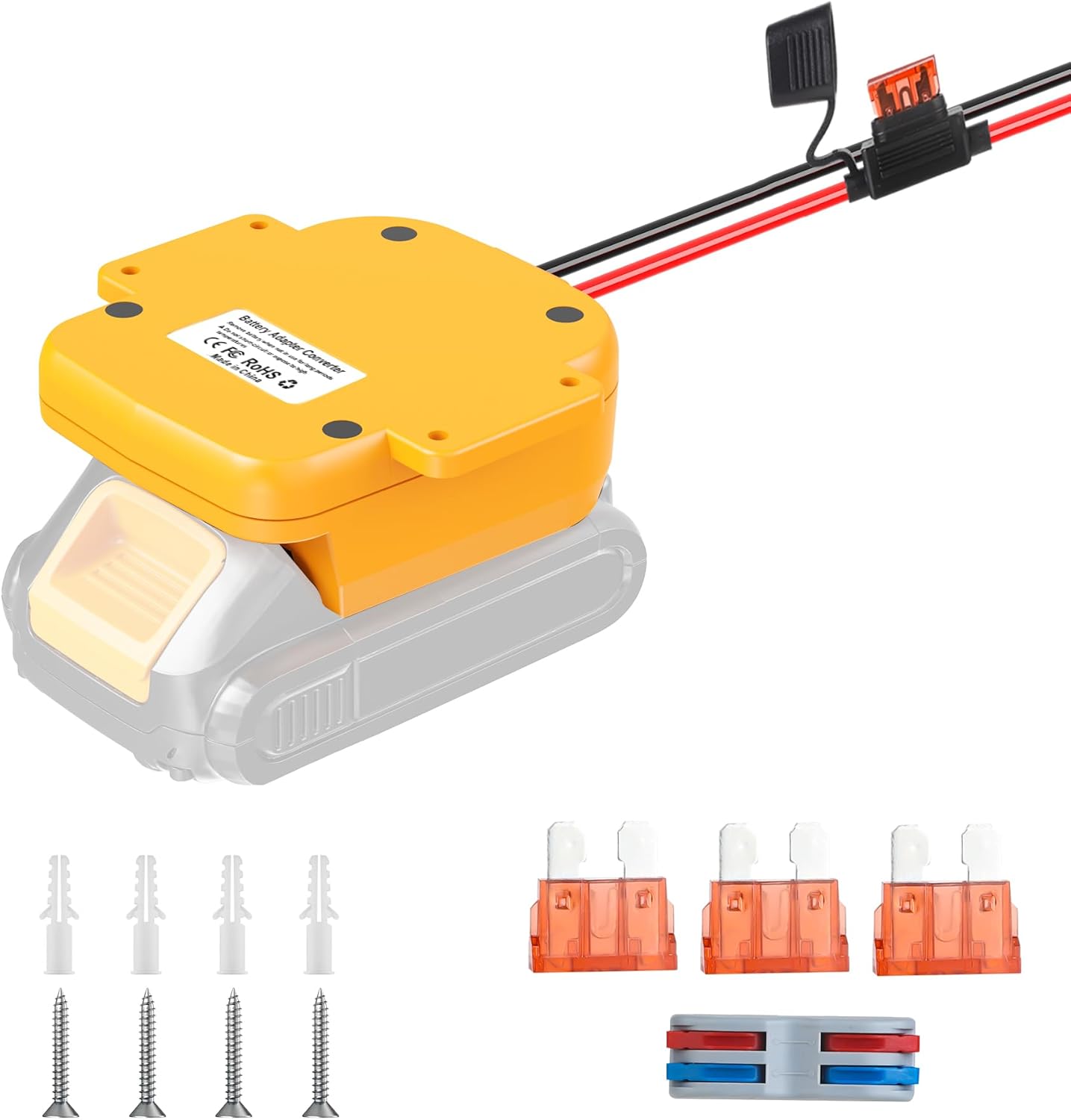 for Power Wheel Adapter Compatible with Dewalt 18V/20V Max Battery, Dock Battery Adapter with 40Amp Fuse, USB & Type C Port, Power Tool Converter for DIY RC Cars, Robotics, Yellow (Tool Only)