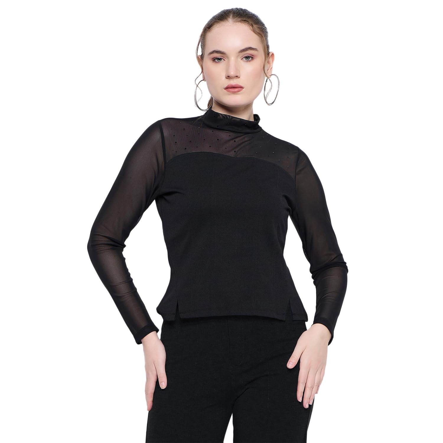 Semi Sheer Corset Detailed Solid Black Top