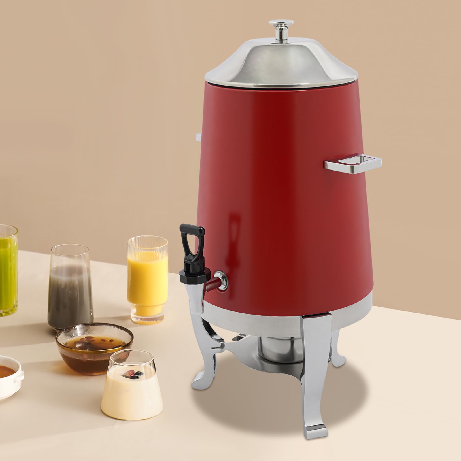 3.4 Gallon/13l Beverage Dispenser For Coffee Tea Hot Water,Coffee Urn With Fuel Holder,Hot Drink Dispenser With Stand,Coffee Dispenser With Fuel Holder For Hotels,Banquets(Red)