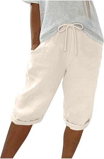 hlysgo Linen Shorts for Women Knee Length Bermuda Shorts 2025 Summer High Waist Drawstring Casual Beach Shorts with Pockets