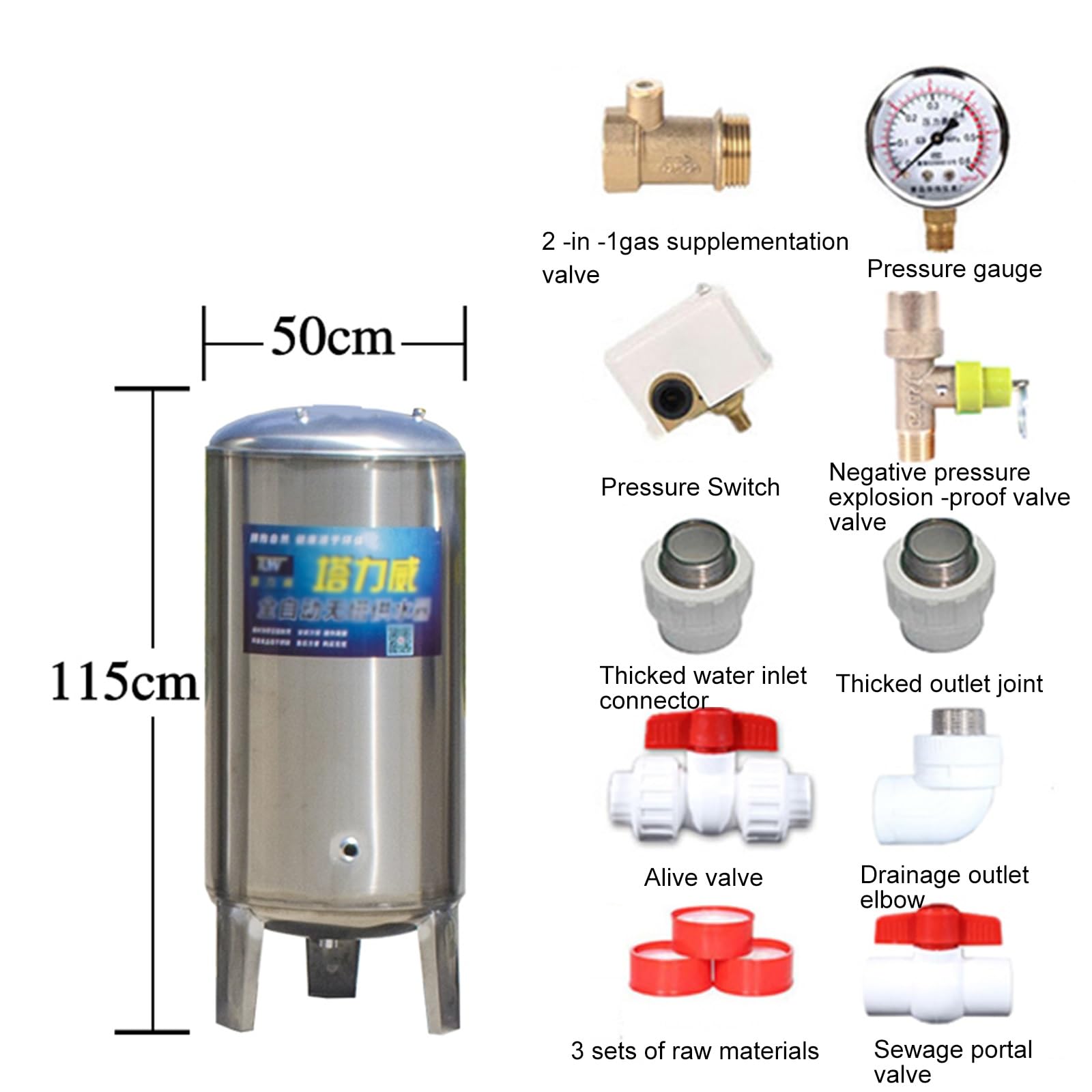 Kit de instalación de tanque de presión, bolsa de almacenamiento de agua vertical de acero inoxidable para uso residencial y calentadores de agua caliente