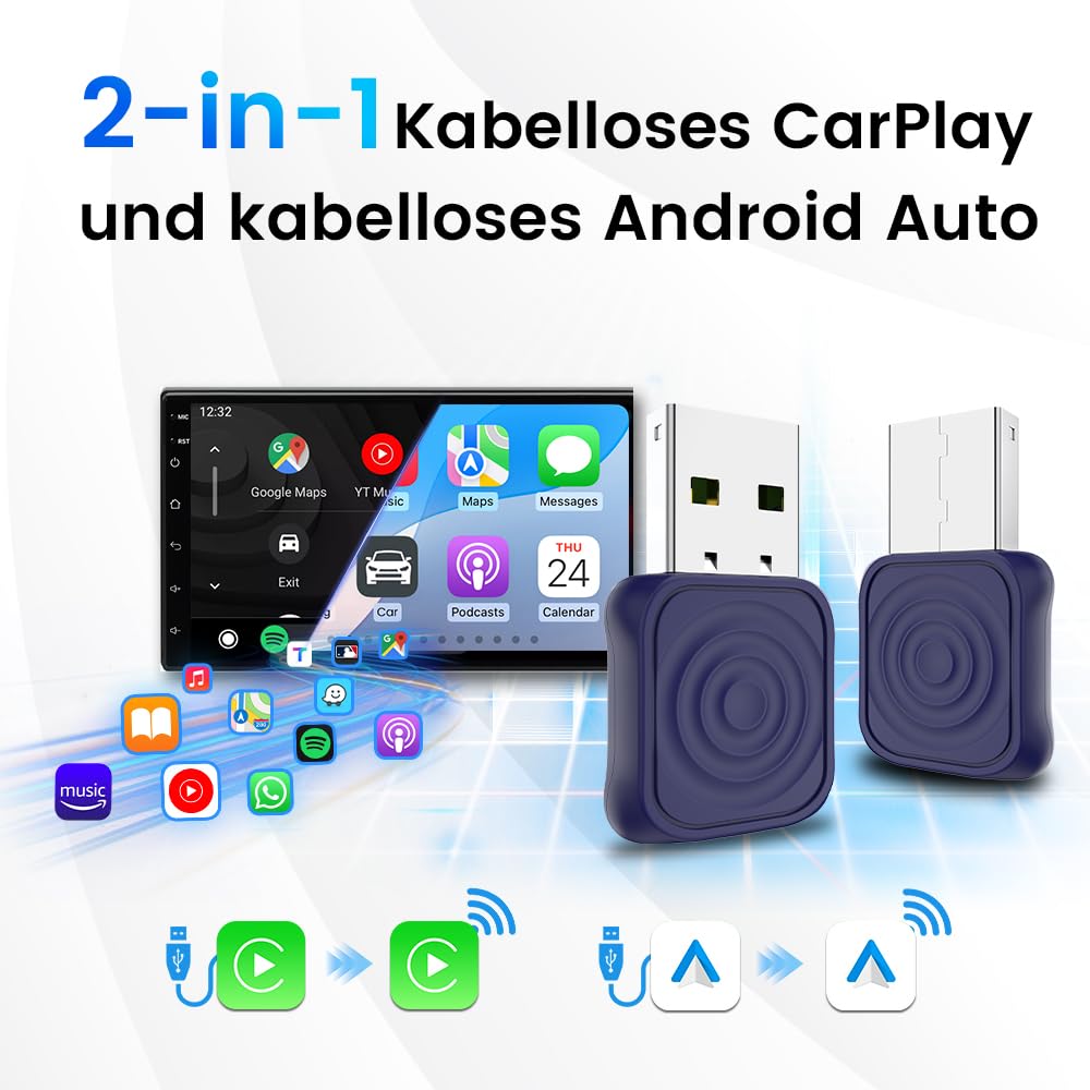 Carlinkit Mini Ultra Adapter für iPhone und AndroidWireless Konvertiert kabelgebundenes zu Wireless CarPlay und Android Auto, Plug-and-Play Setup, kompatibel mit Autos ab