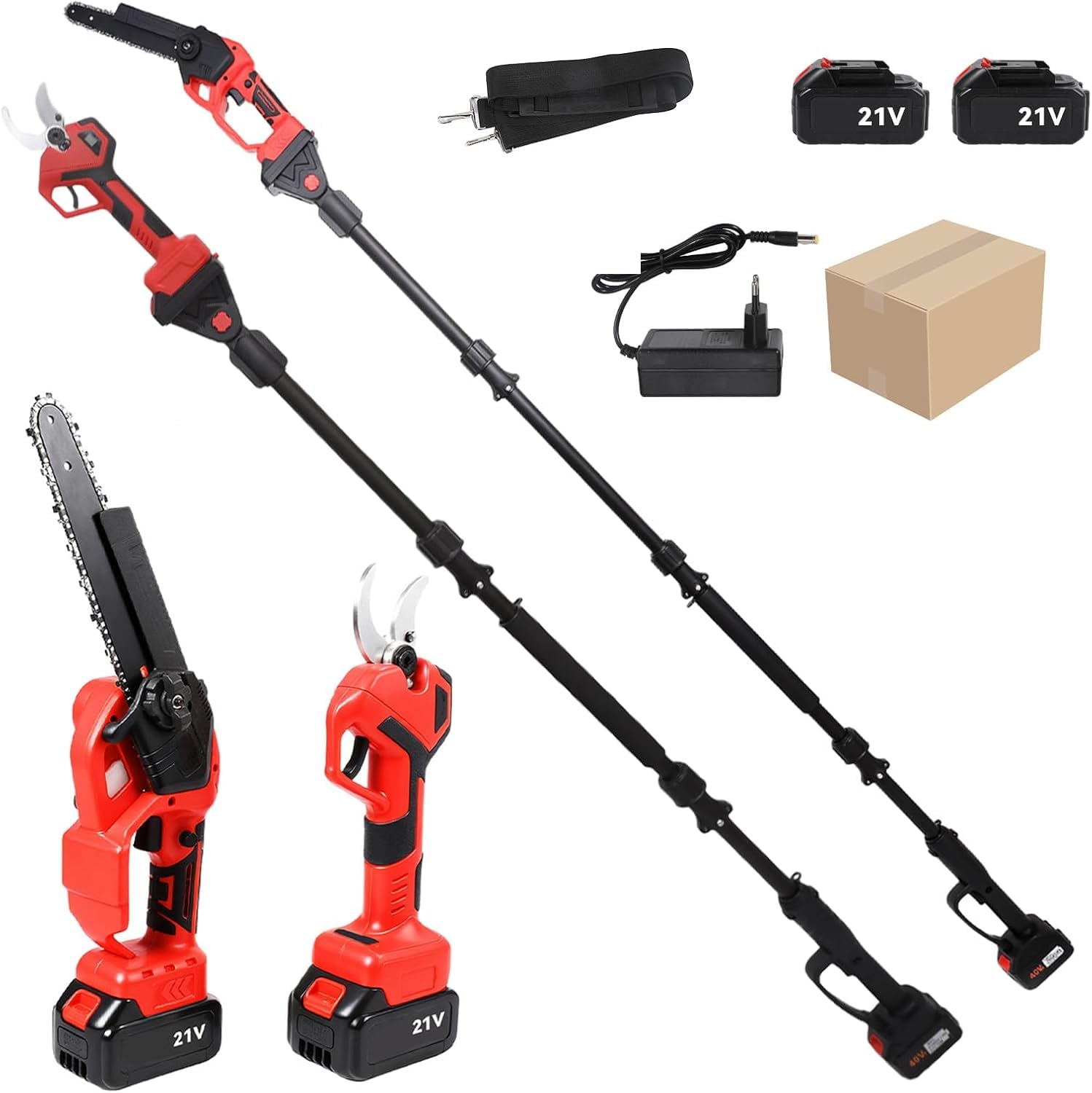 4 in 1 8 pollici motosega telescopico, 2 x 4,0 Ah batterie, (rosso)