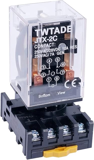Taiss/JTX-2C, MK2P-I DPDT Power Relay with Plug-in Terminal Socket Base, DC 12V Coil, 8 Pin 2NO 2NC DC 12V
