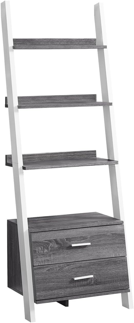 4-Tier Ladder Shelf with 2 Drawers and 3 Shleves,Display Standing Bookcase with Metal Bar Handles,Distressed Grey and White Corner Bookshelf with Storage for Living Room,Entryway,Office