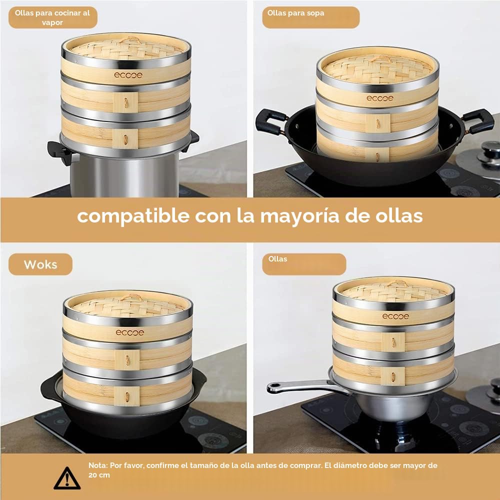 Ecooe Cesta de vapor de bambú 20 cm con 2 paños de algodón para verduras, dim sum, pescado y carne