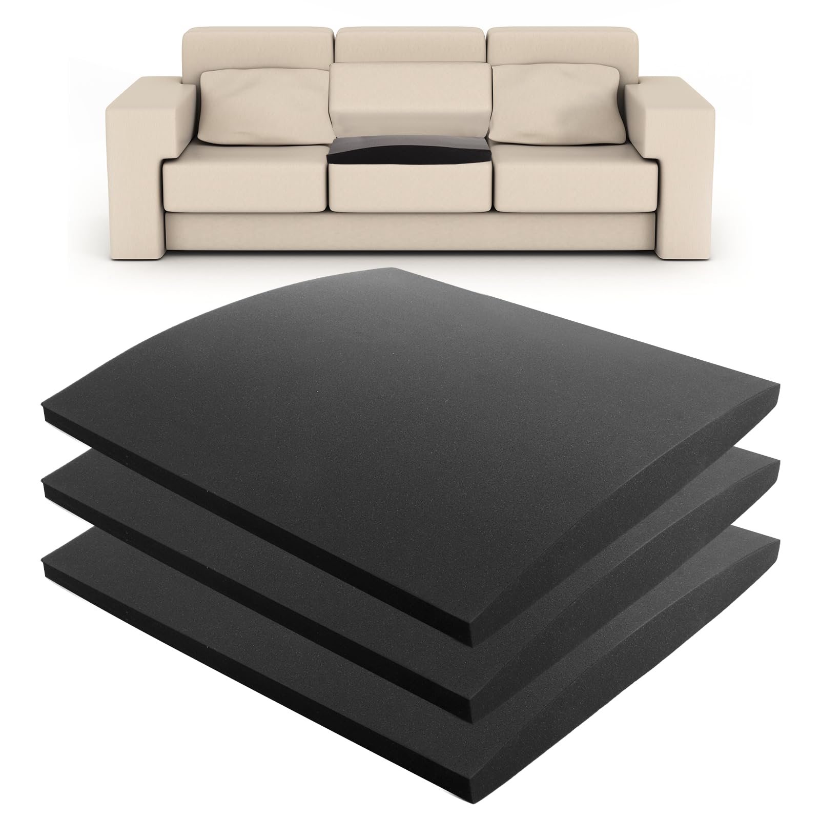 3 tablas de soporte de sofá de 50 x 50 cm, soporte de cojín de sofá para asiento caído, repuesto de alta densidad, cojines de asiento para sofá de esquina, color negro