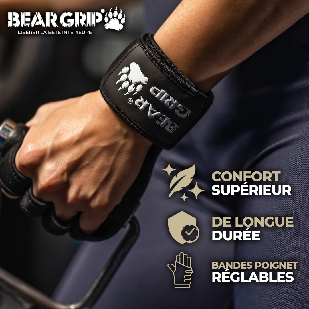 Bear Grip Gants d'entraînement Ouverts pour Crossfit, Musculation et haltérophilie, Gants de Gym rembourrés pour Hommes et Femmes – Accessoires de Fitness, Sport et haltérophilie