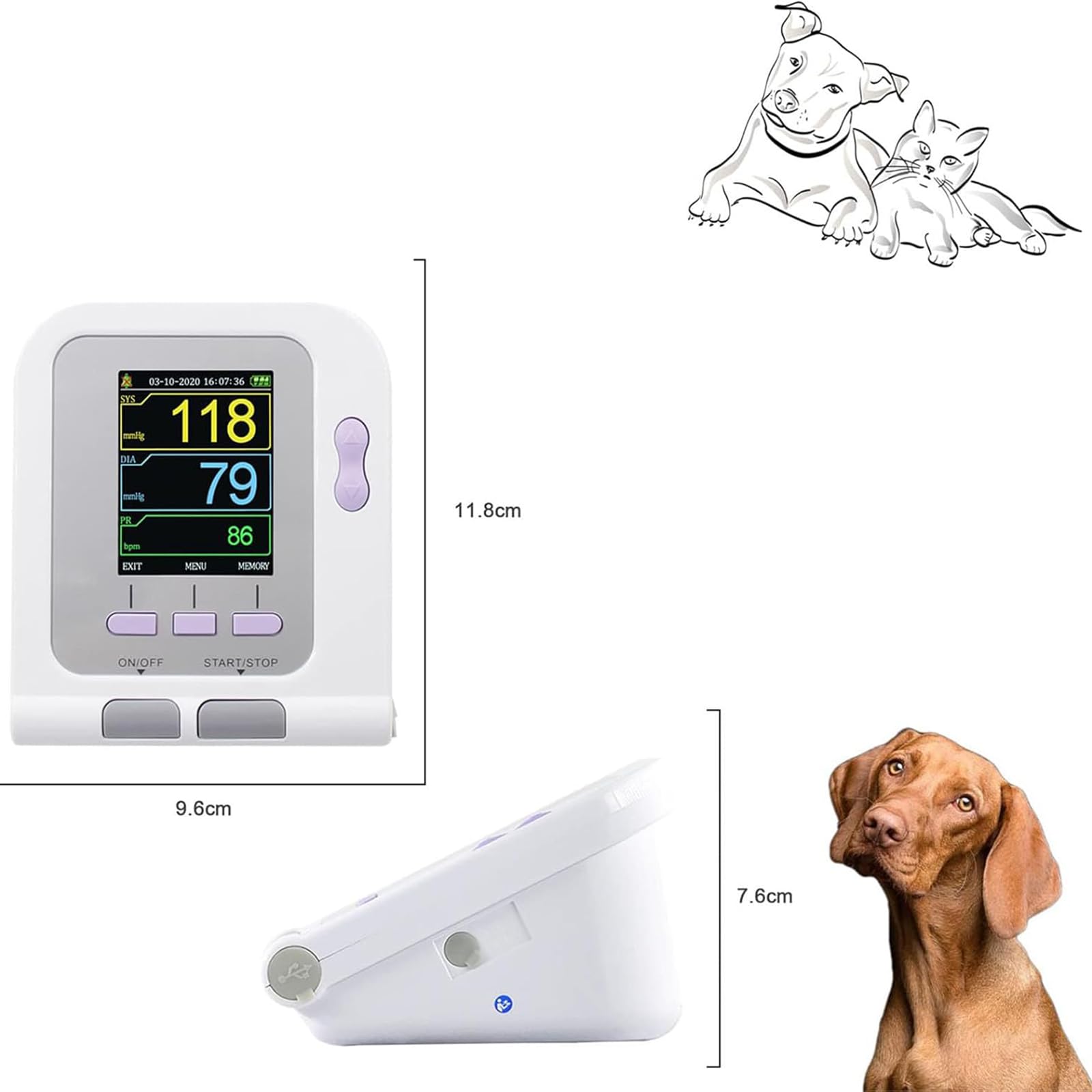 Veterinär Digitales Blutdruckmessgerät, 3 Modi, 3 Manschetten Mit Blutsauerstoffmessung, 100 Gruppen Datenspeicherung, HD-Farb-LCD-Display, BP-Abnormalitätswarnung, Für Hunde, Katzen, Haustiere